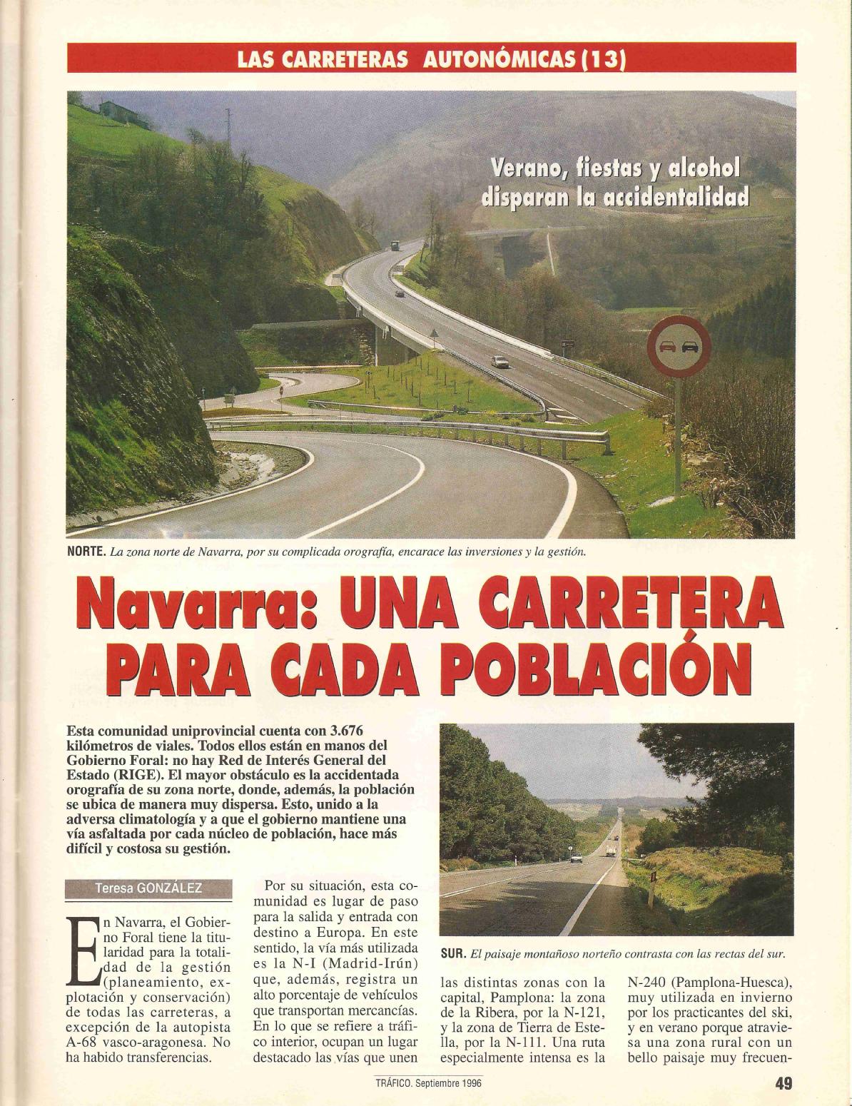 Revista Tr�fico, n� 118 (septiembre de 1996). Carreteras auton�micas. Navarra: una carretera para cada poblaci�n
